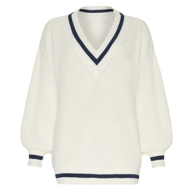 V-Neck Contrast Stripe Ribbed Knit Oversized Sweater 9