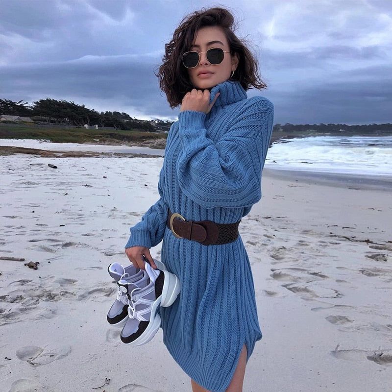 Turtleneck Long Sleeve Ribbed Knit Sweater Mini Dress