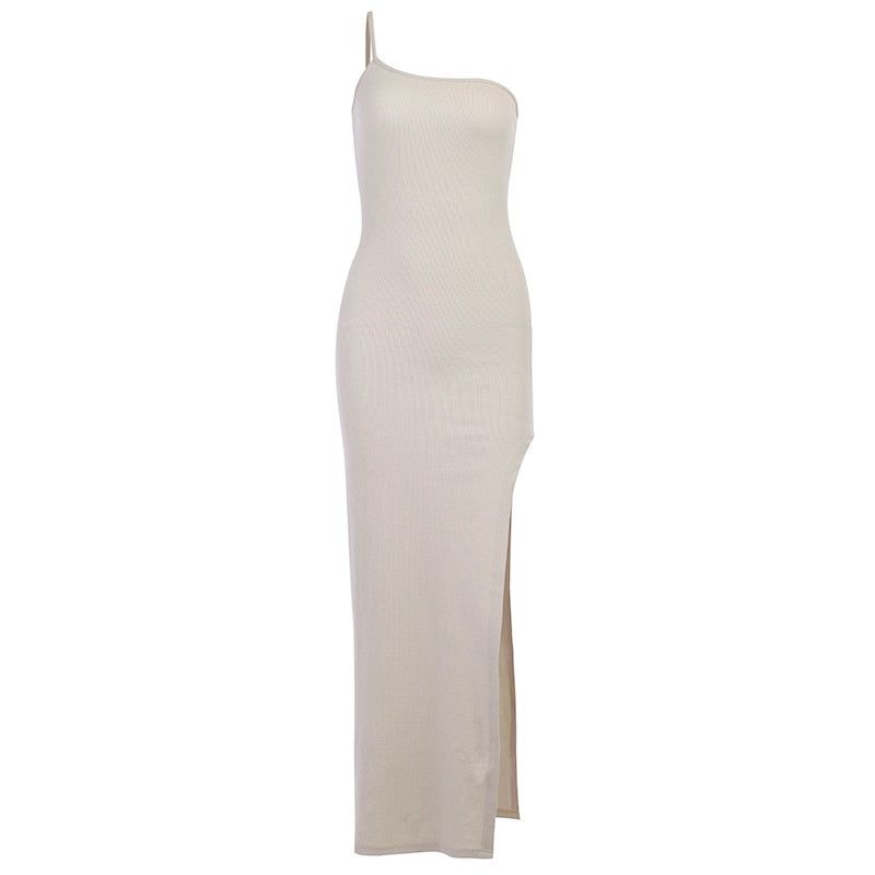 Spaghetti Strap Ribbed Knit High Slit Bodycon Maxi Dress