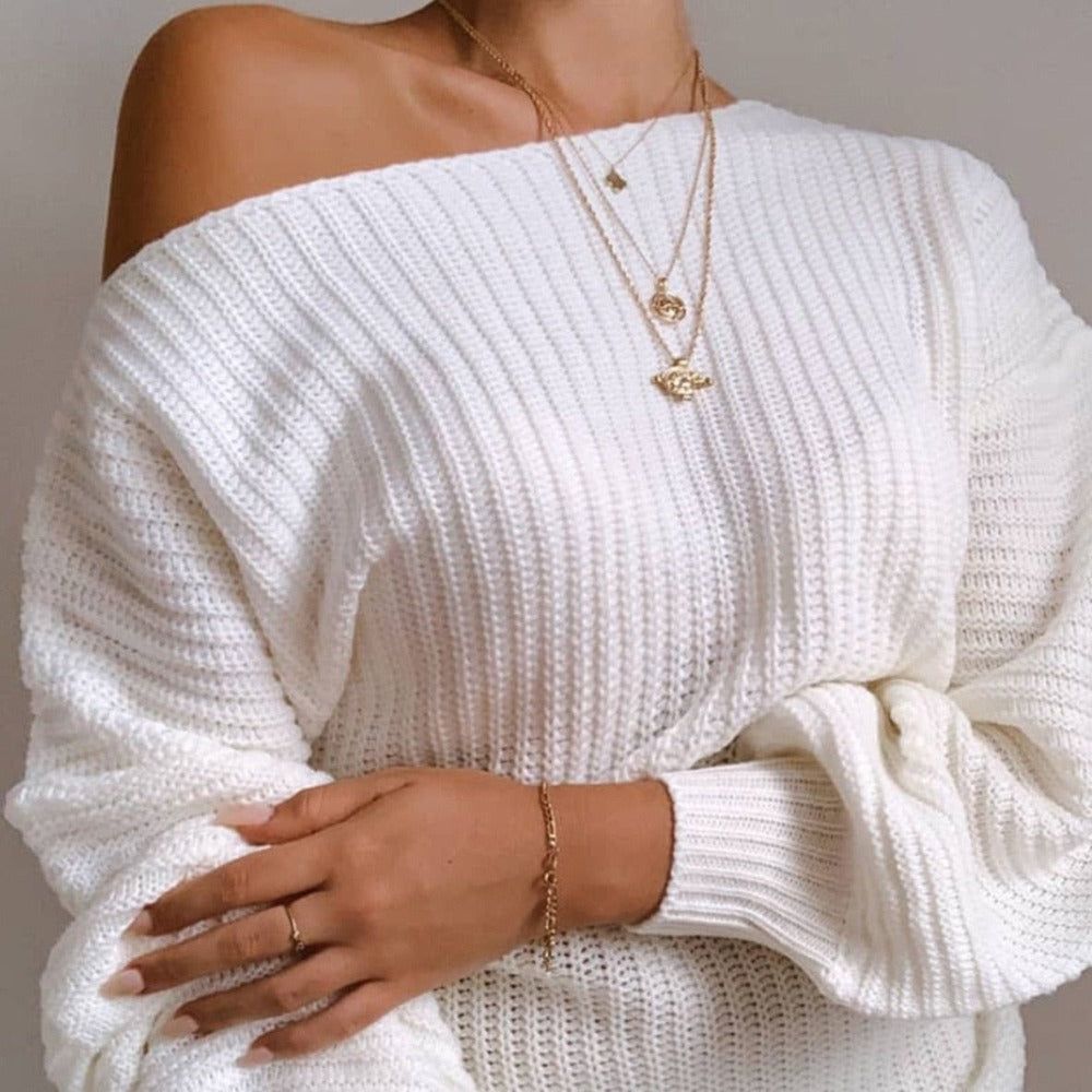 White Off-Shoulder Ribbed Knit Balloon Sleeve Sweater Mini Dress 7