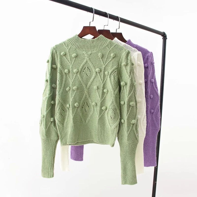Mock Neck Pom Pom Cable Knit Long Sleeve Sweater