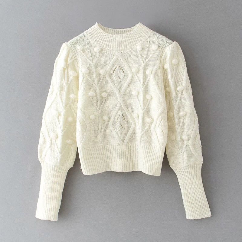 Mock Neck Pom Pom Cable Knit Long Sleeve Sweater