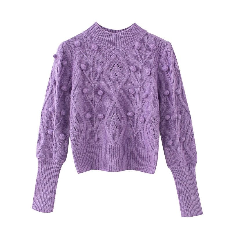 Mock Neck Pom Pom Cable Knit Long Sleeve Sweater