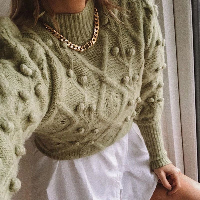 Green Mock Neck Bobble Cable Knit Long Sleeve Sweater