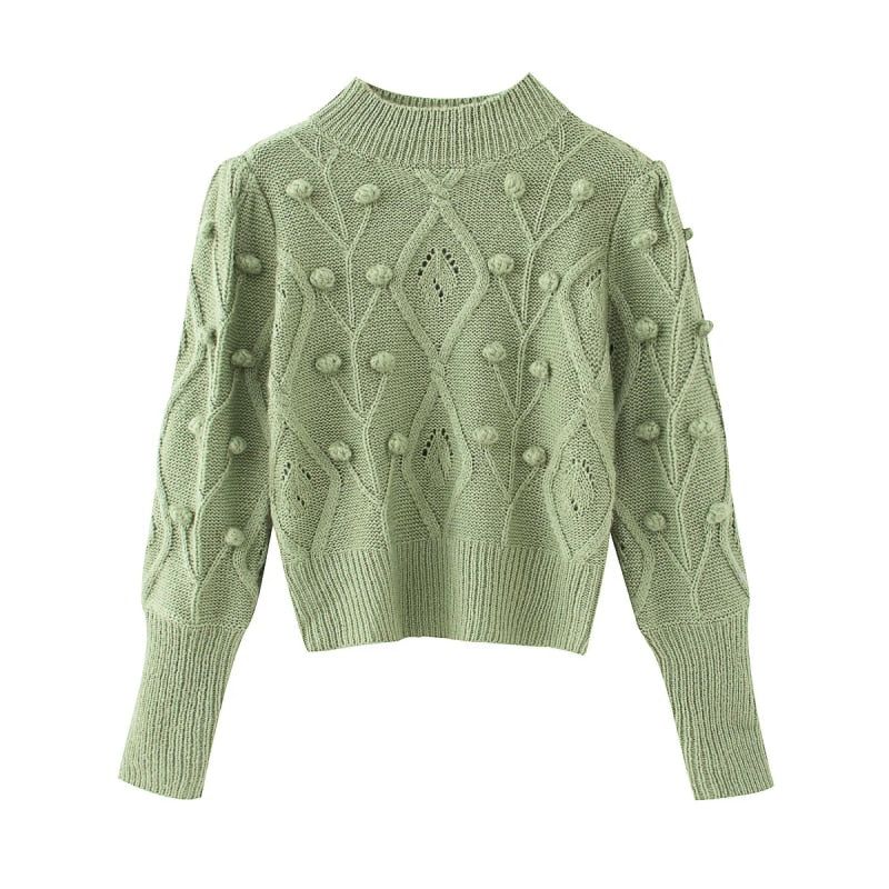 Green Mock Neck Bobble Cable Knit Long Sleeve Sweater