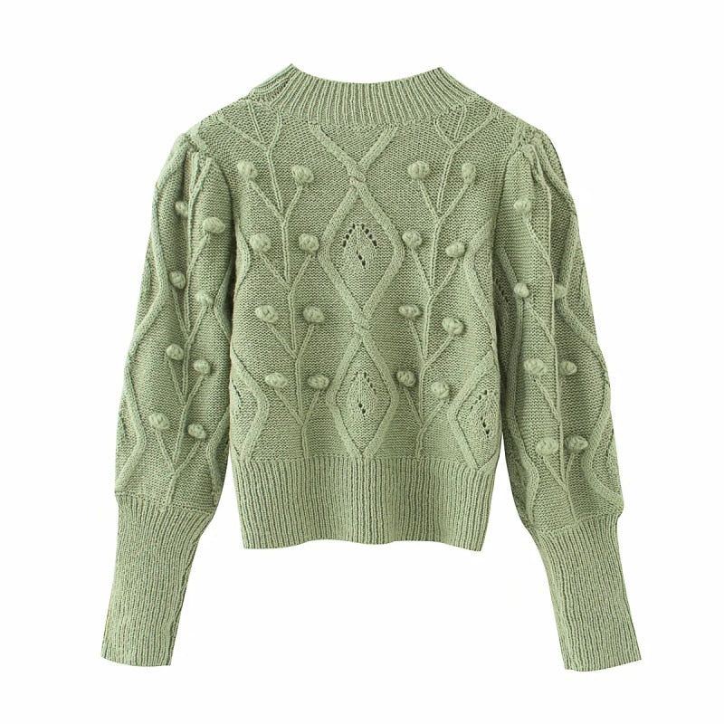 Mock Neck Pom Pom Cable Knit Long Sleeve Sweater