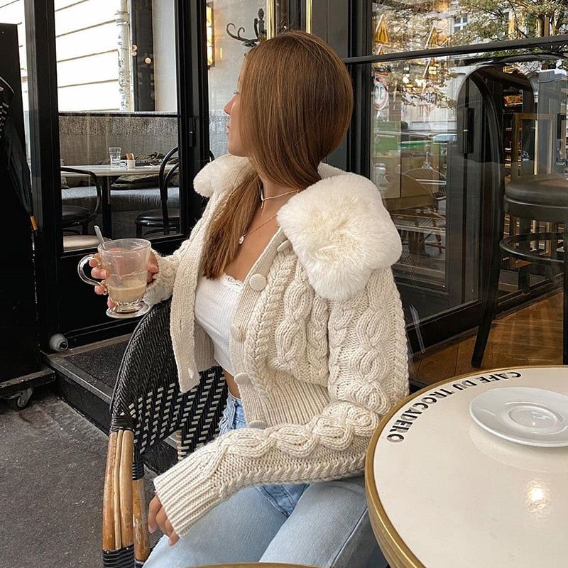 Beige Faux Fur Collar Cable Knit Button Front Cropped Cardigan