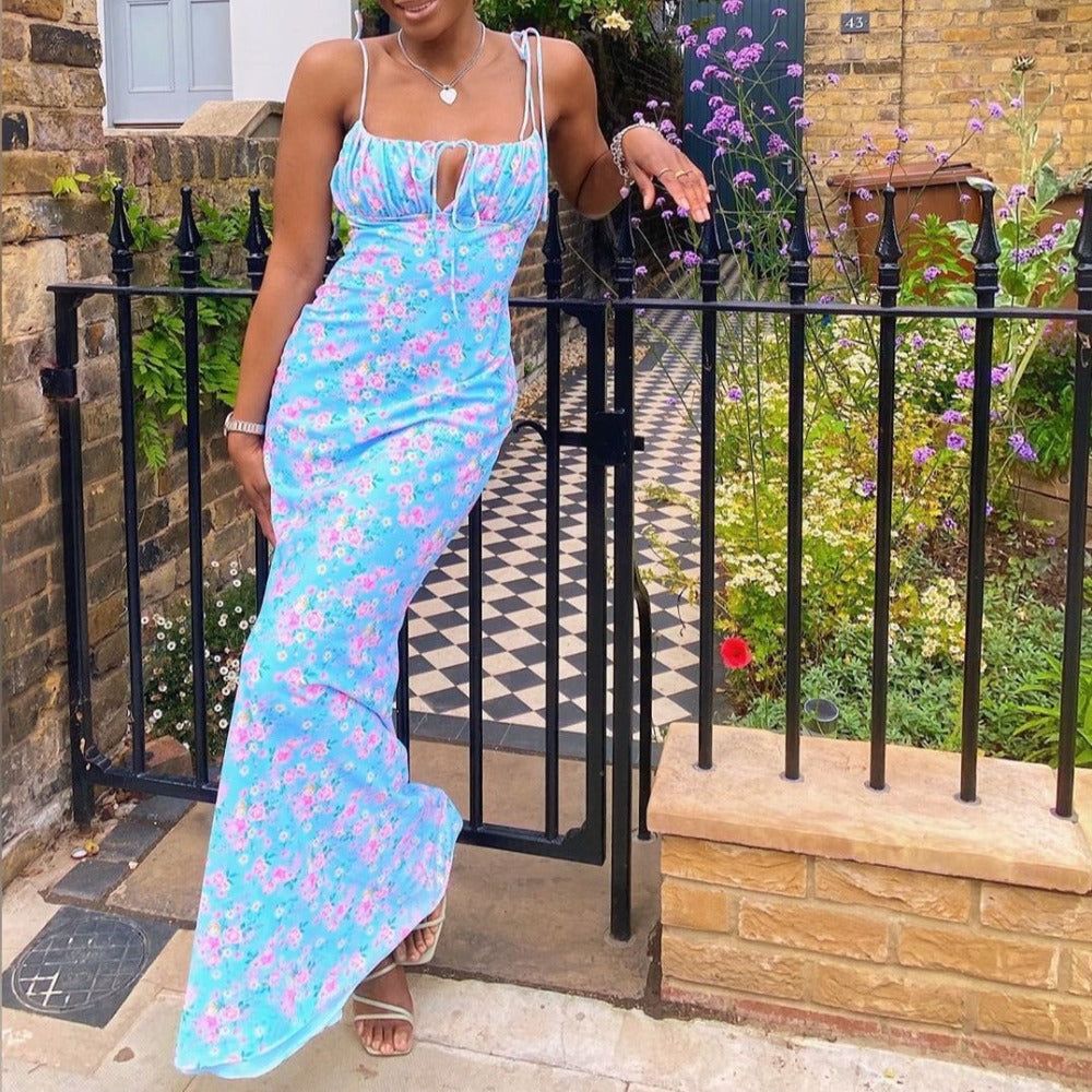 Blue Sweetheart Neck Spaghetti Strap Floral Ruched Lace-Up Bodycon Maxi Dress