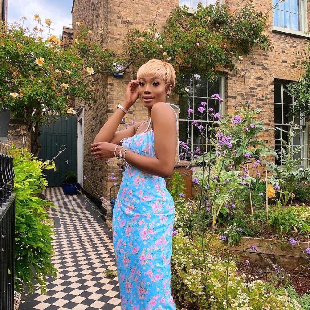 Blue Spaghetti Strap Floral Tie Front Ruched Bodycon Maxi Dress