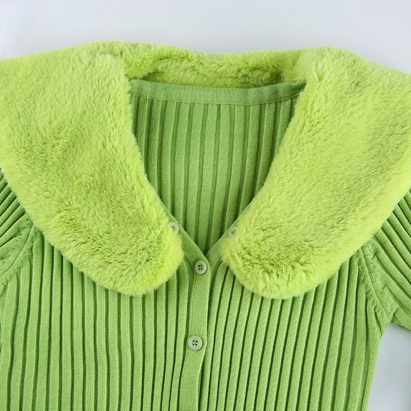 Faux Fur Collar Ribbed Knit Cropped Cardigan