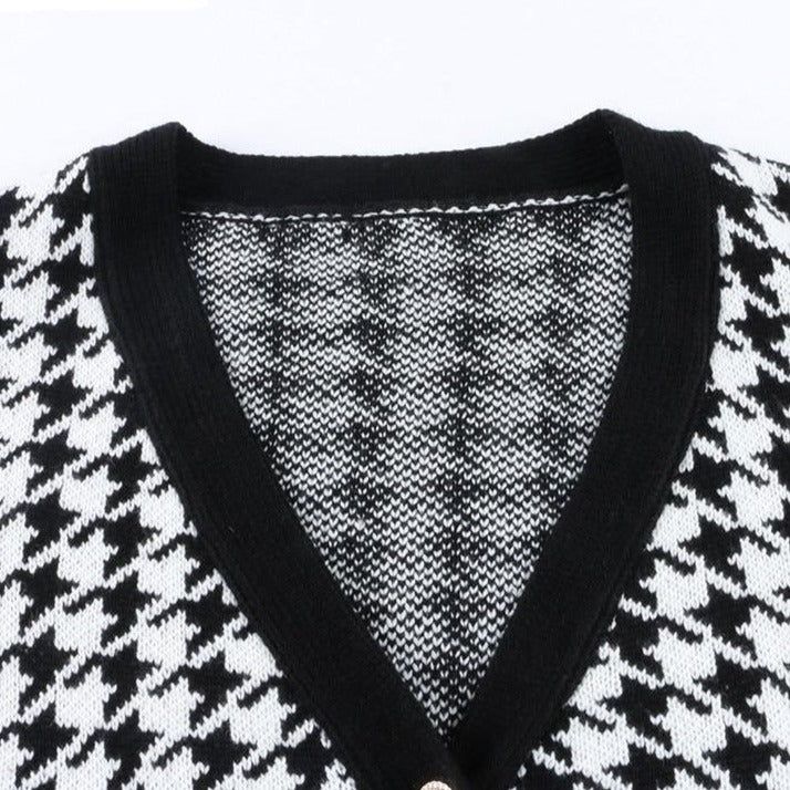 Black V-Neck Houndstooth Pattern Pearl Button Knit Cardigan 4