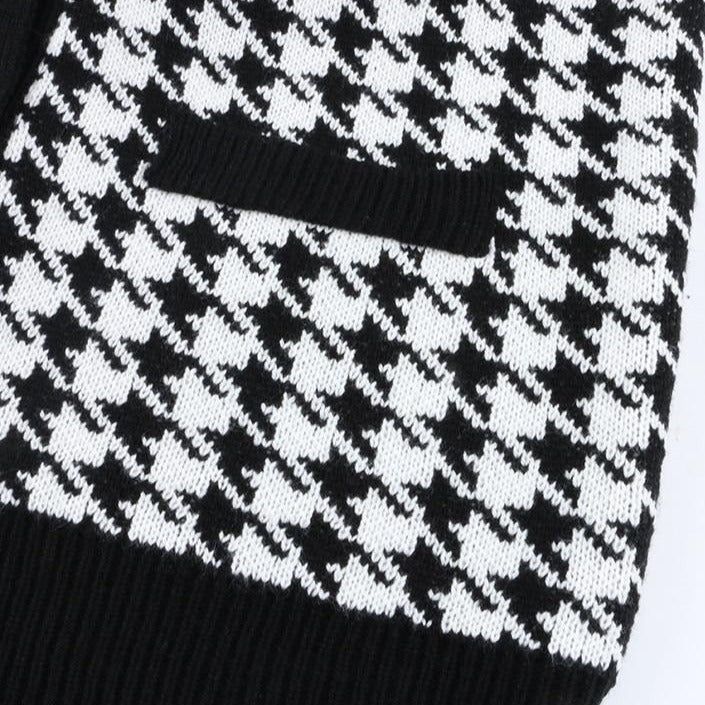 Black V-Neck Houndstooth Pearl Button Knit Cardigan 5