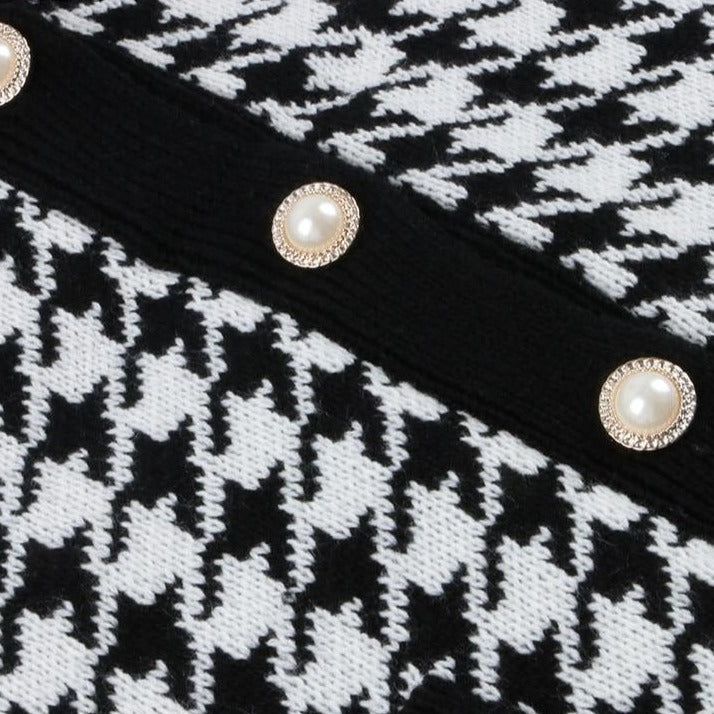 Black V-Neck Houndstooth Pattern Pearl Button Knit Cardigan 5