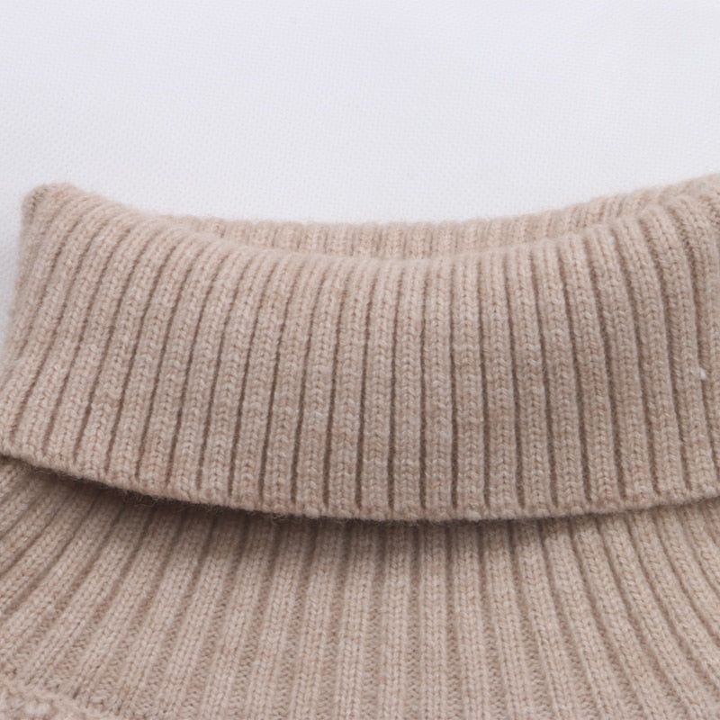 Beige Turtleneck Chunky Rib Knit Long Sleeve Pullover Sweater