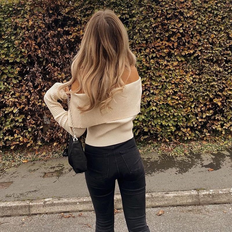 Khaki Off-Shoulder Foldover Long Sleeve Ribbed Knit Sweater