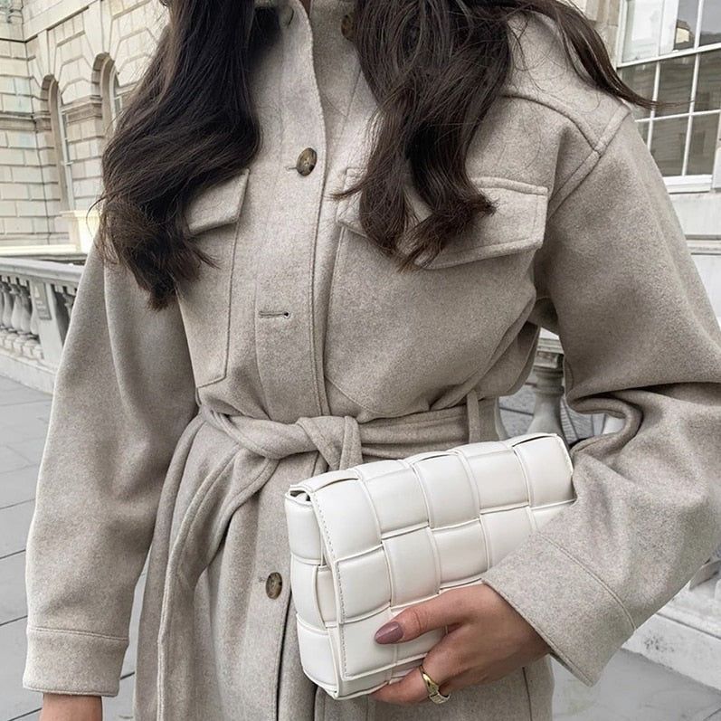 Beige Collared Button Front Patch Pocket Belted Wool Shirt Coat