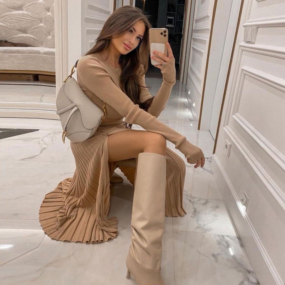 Crew Neck Long Sleeve Crop Top Ribbed Knit Maxi Skirt Set