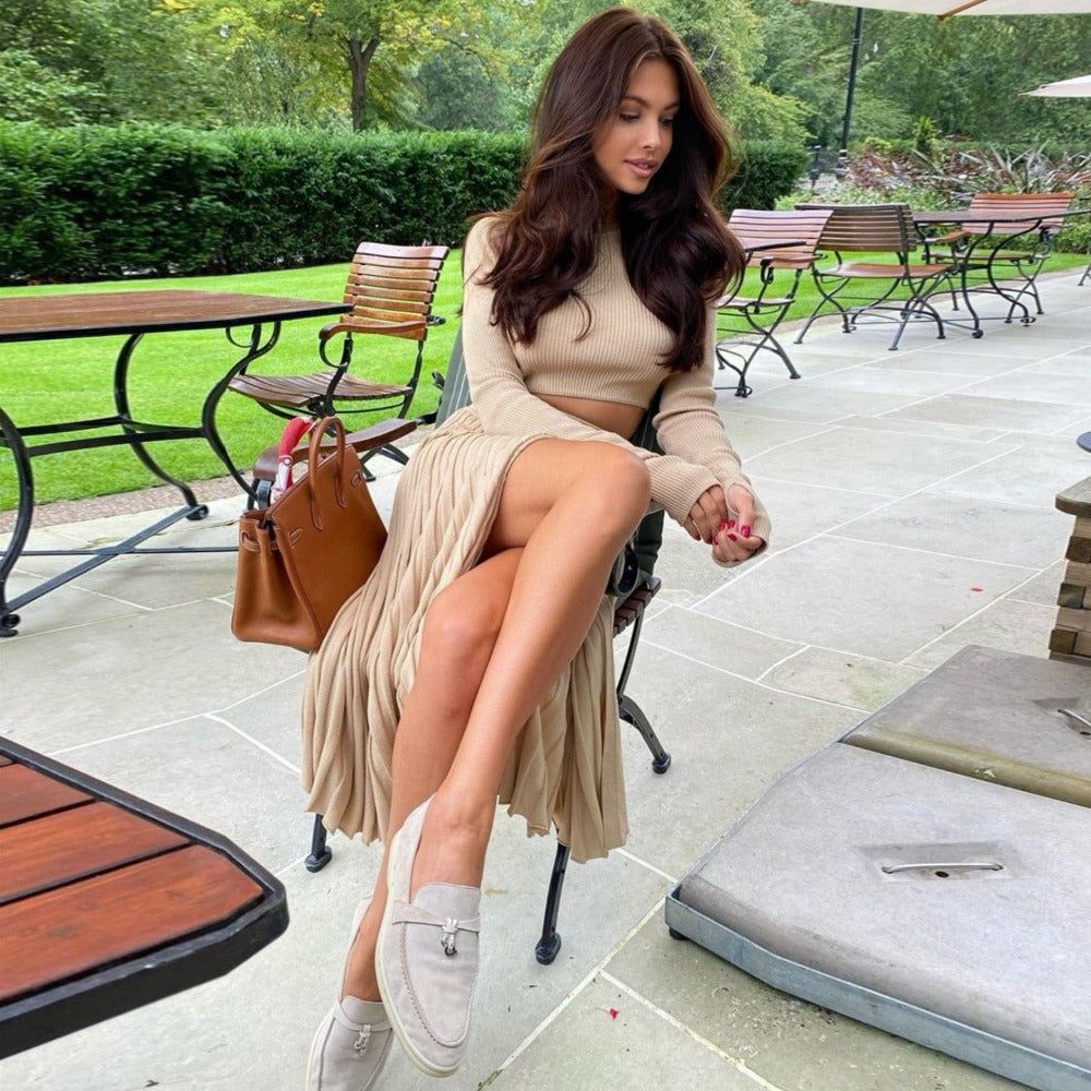 Crew Neck Long Sleeve Crop Top Ribbed Knit Maxi Skirt Set