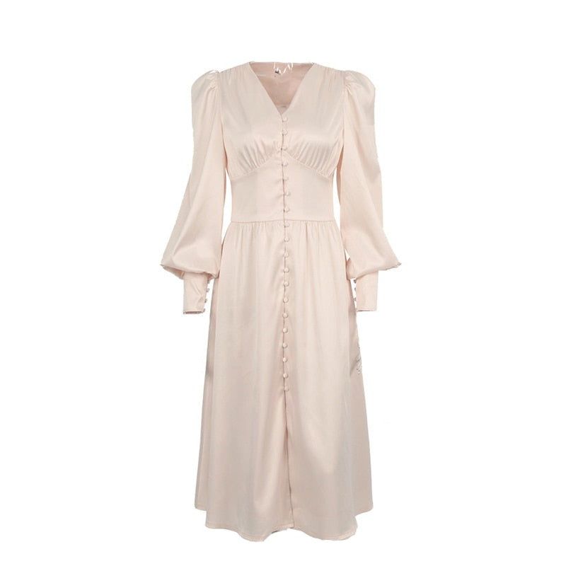 V-Neck Lantern Sleeve Satin Button-Front A-Line Midi Dress 8