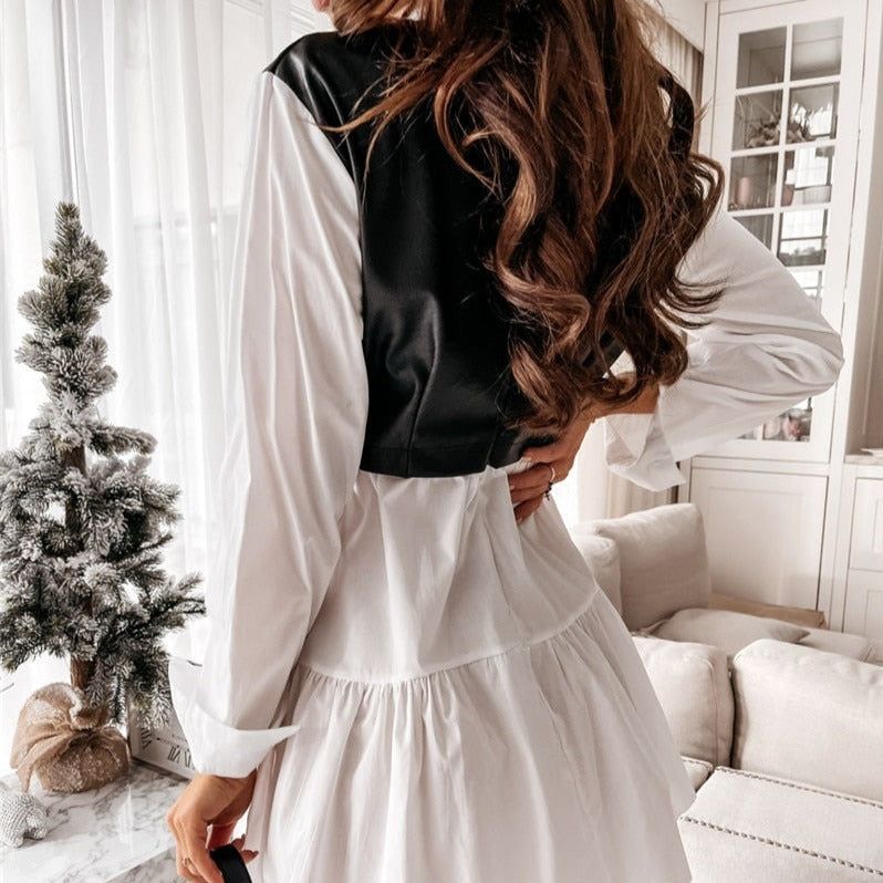 Point Collar Long Sleeve Leather Front Tiered Shirt Mini Dress