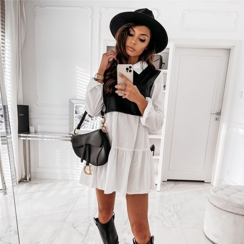 Point Collar Long Sleeve Leather Front Tiered Shirt Mini Dress