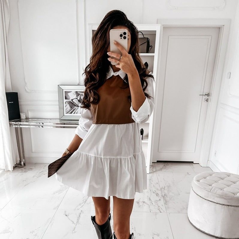 Point Collar Long Sleeve Leather Front Tiered Shirt Mini Dress