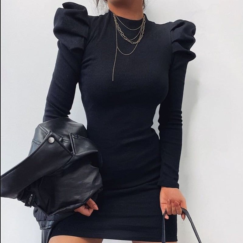 Mock Neck Puff Long Sleeve Ribbed Bodycon Mini Dress