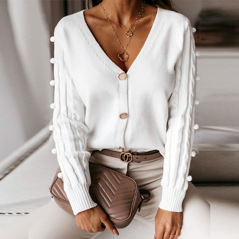 White V-Neck Button Front Pom Pom Sleeve Knit Cardigan