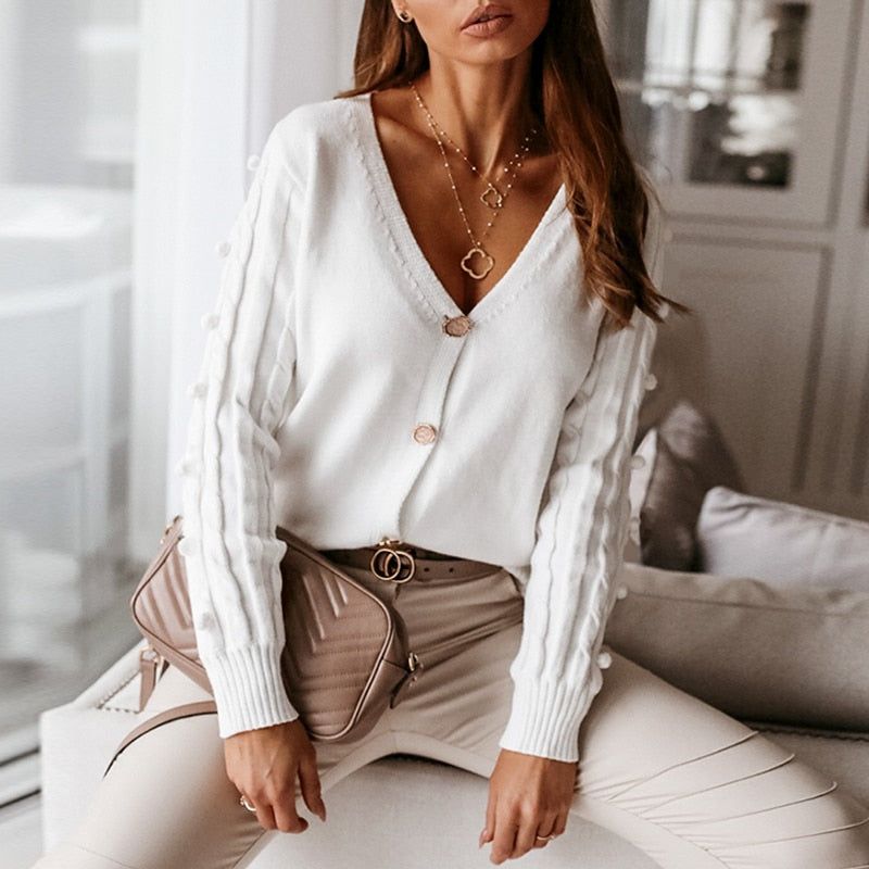 White V-Neck Pom Pom Trim Button Front Long Sleeve Knit Cardigan