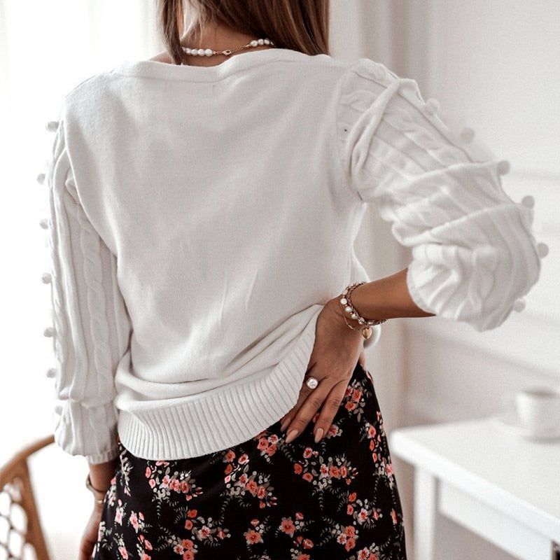 White V-Neck Button Front Pom Pom Sleeve Knit Cardigan