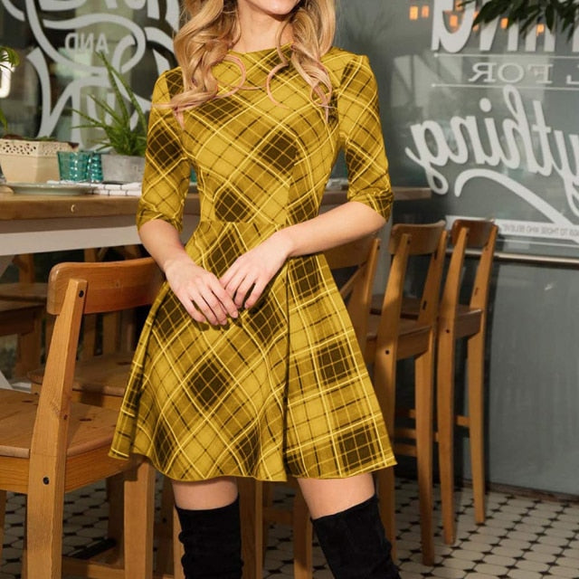 Novelty Slim Sexy Plaid Jacket Patchwork Half Sleeve Dress