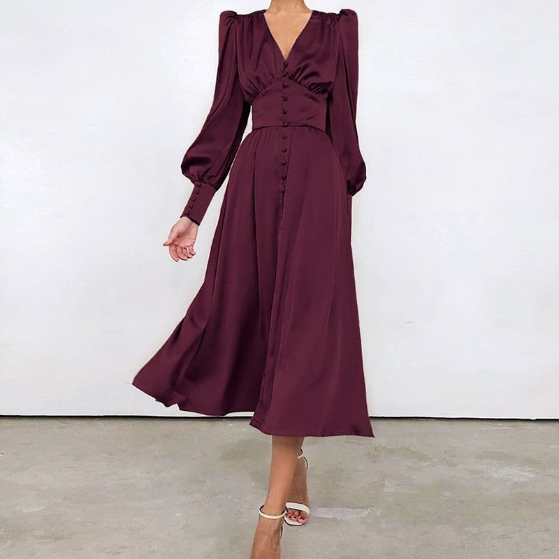 V-Neck Lantern Sleeve Satin Button-Front A-Line Midi Dress 7