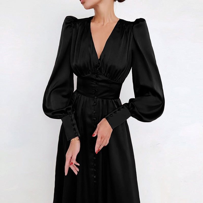 V-Neck Lantern Sleeve Satin Button-Front A-Line Midi Dress 6