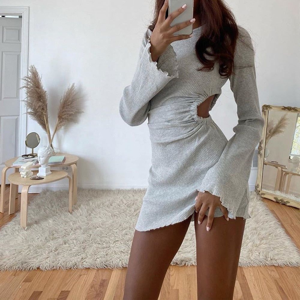 Gray Round Neck Long Sleeve Ribbed Lettuce Trim Cutout Bodycon Mini Dress