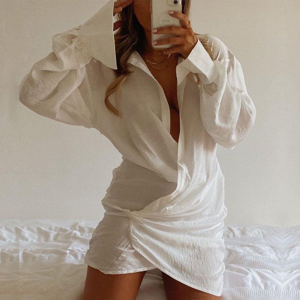 White Collared Plunge Twist Front Ruched Long Sleeve Shirt Mini Dress