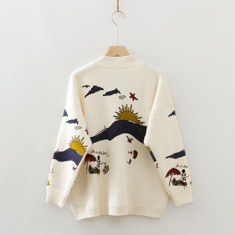 Beige V-Neck Sun Print Button Front Oversized Knit Cardigan