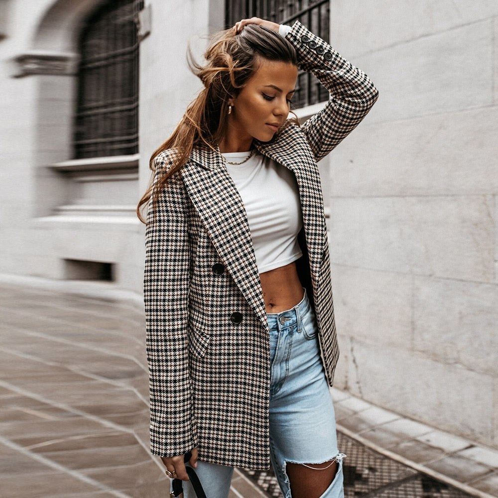 Ladies Notched Collar Plaid Blazer