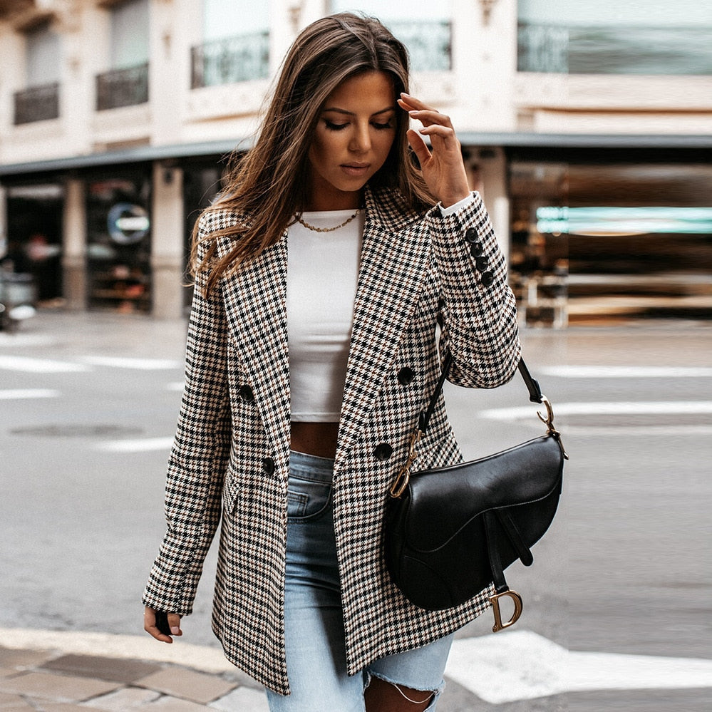 Ladies Notched Collar Plaid Blazer