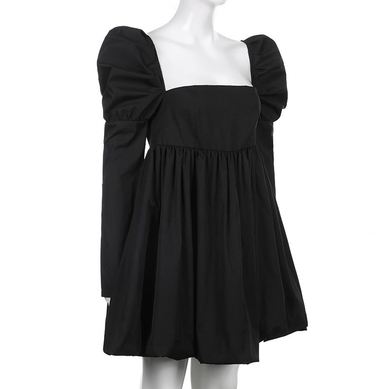 Black Square Neck Puff Sleeve Bubble Hem Babydoll Mini Dress