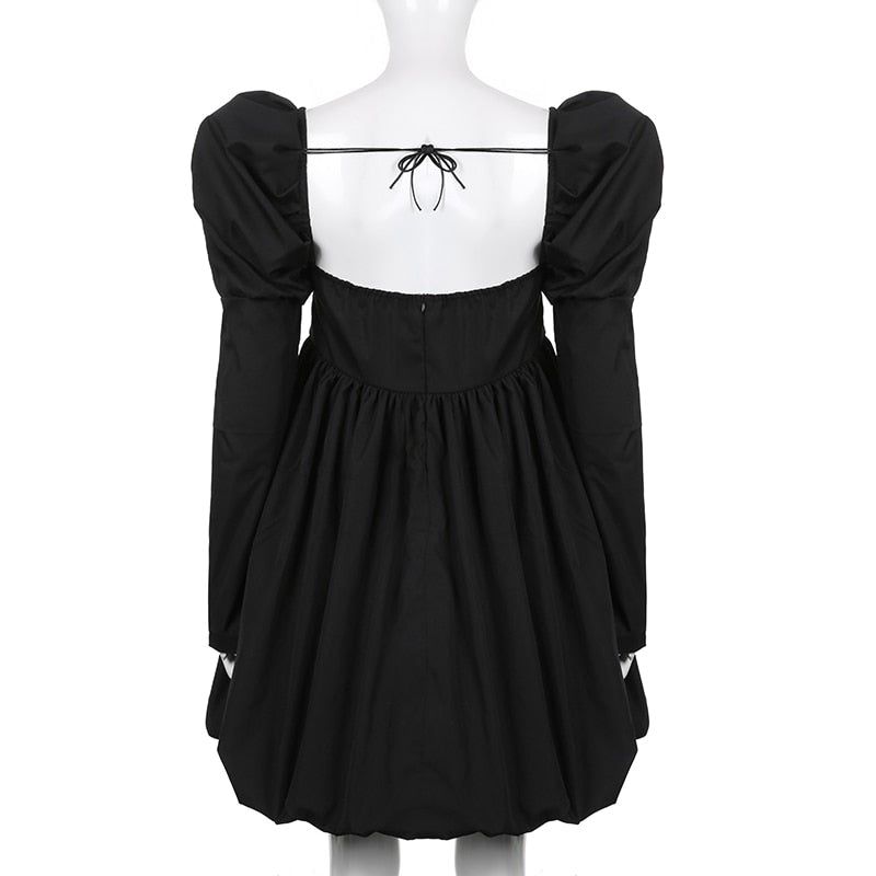 Black Square Neck Puff Long Sleeve Bubble Hem Babydoll Mini Dress
