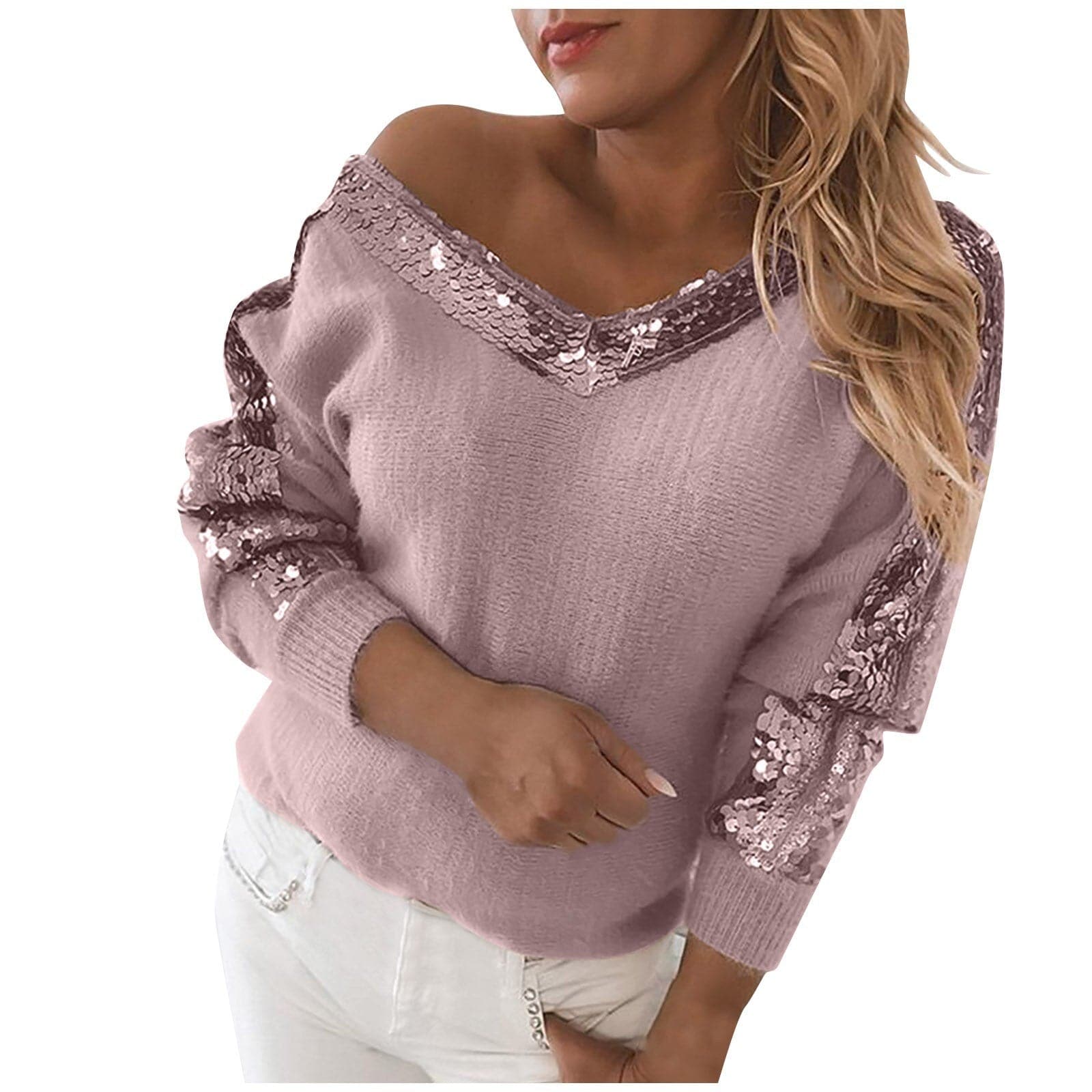 Women Sexy Off Shoulder V Neck Sequin Stitching Print Temperament Pullover Casual Long Sleeve Sweater Pullovers Winter Clothes