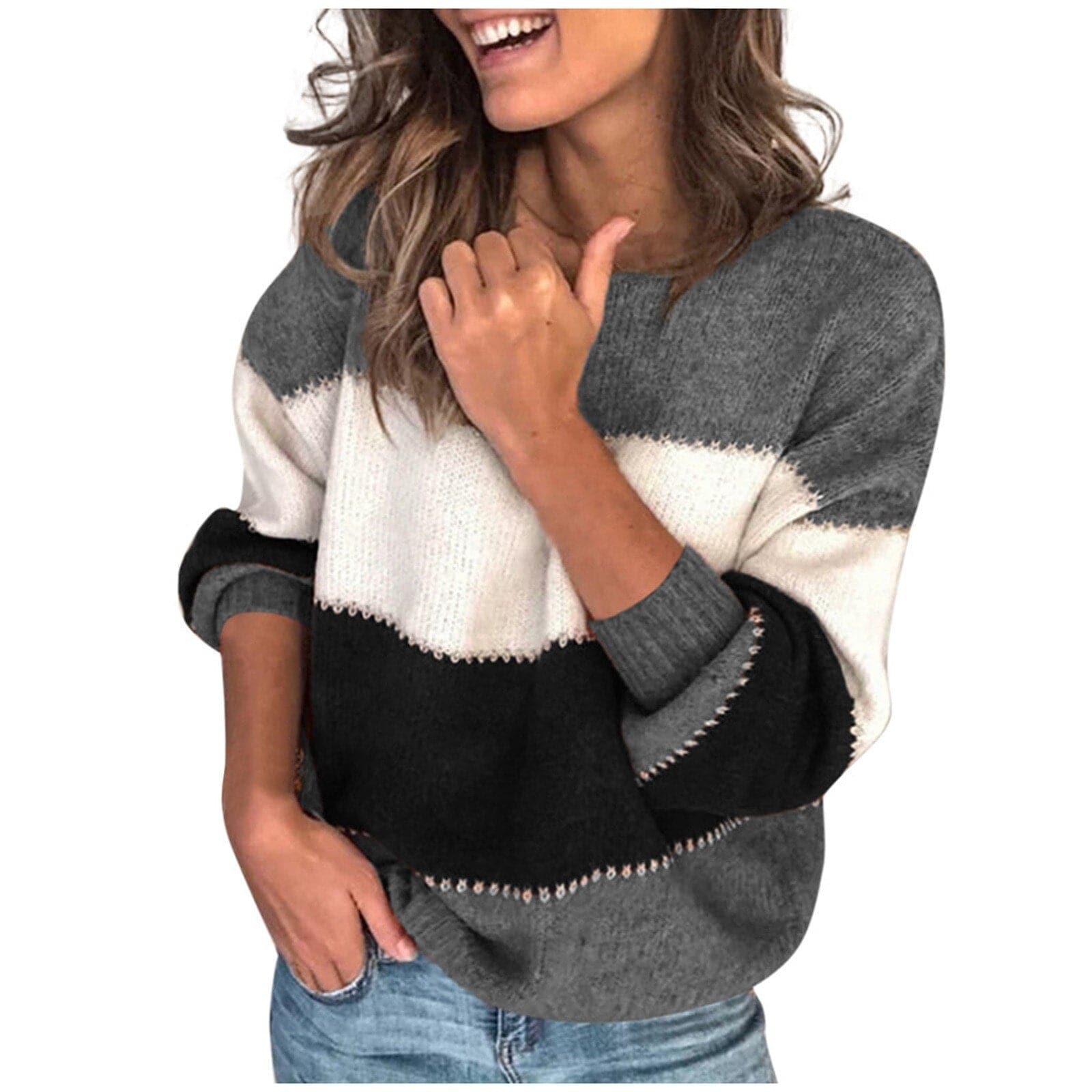 Women Stitching Color Stripe ONeck Sweater LongSleeved Knitted Pullover Top Ladies FallWinter Casual Sweatshirt Top Sweater