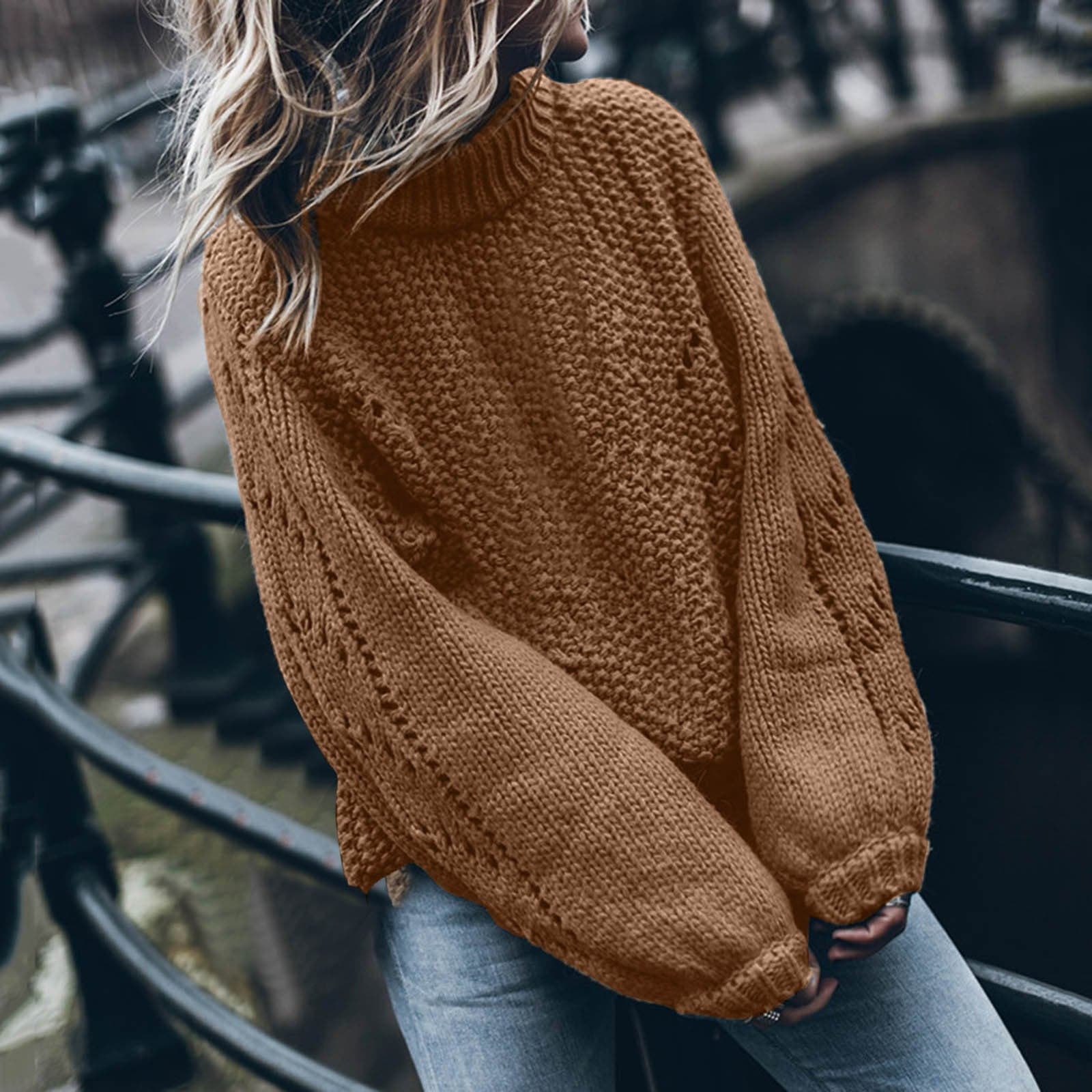 Women Pullovers Fashion Round Neck Long Sleeve Hollow Hole Loose Sweater Pullovers Jerseys