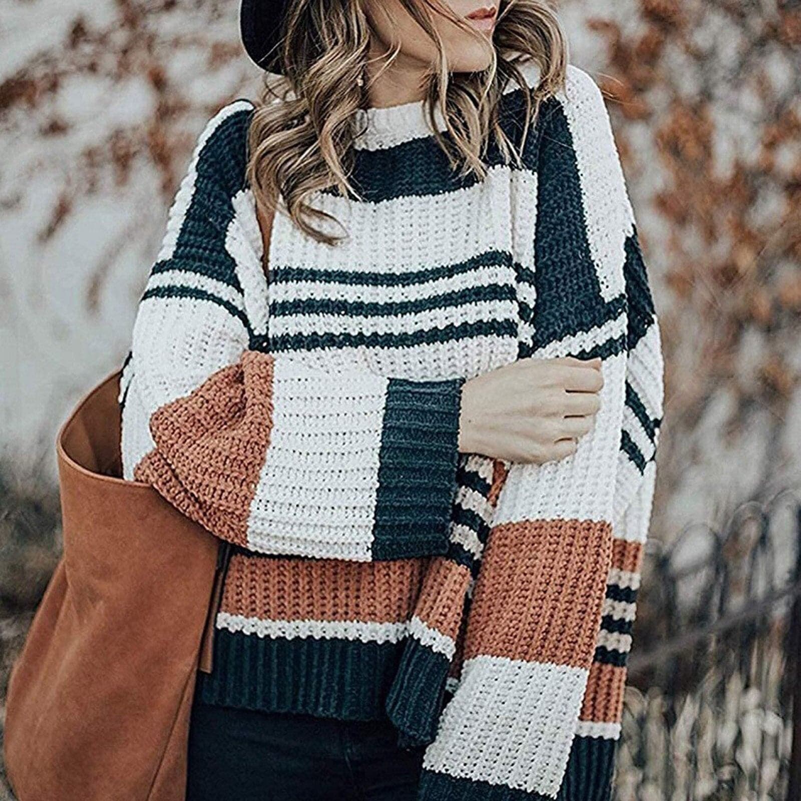Women Knitted Hoodie Fashion Lovely Chic Preppy Harajuku Long Sleeve ONeck Striped Color Block Girls Pullover Loose Knitwear