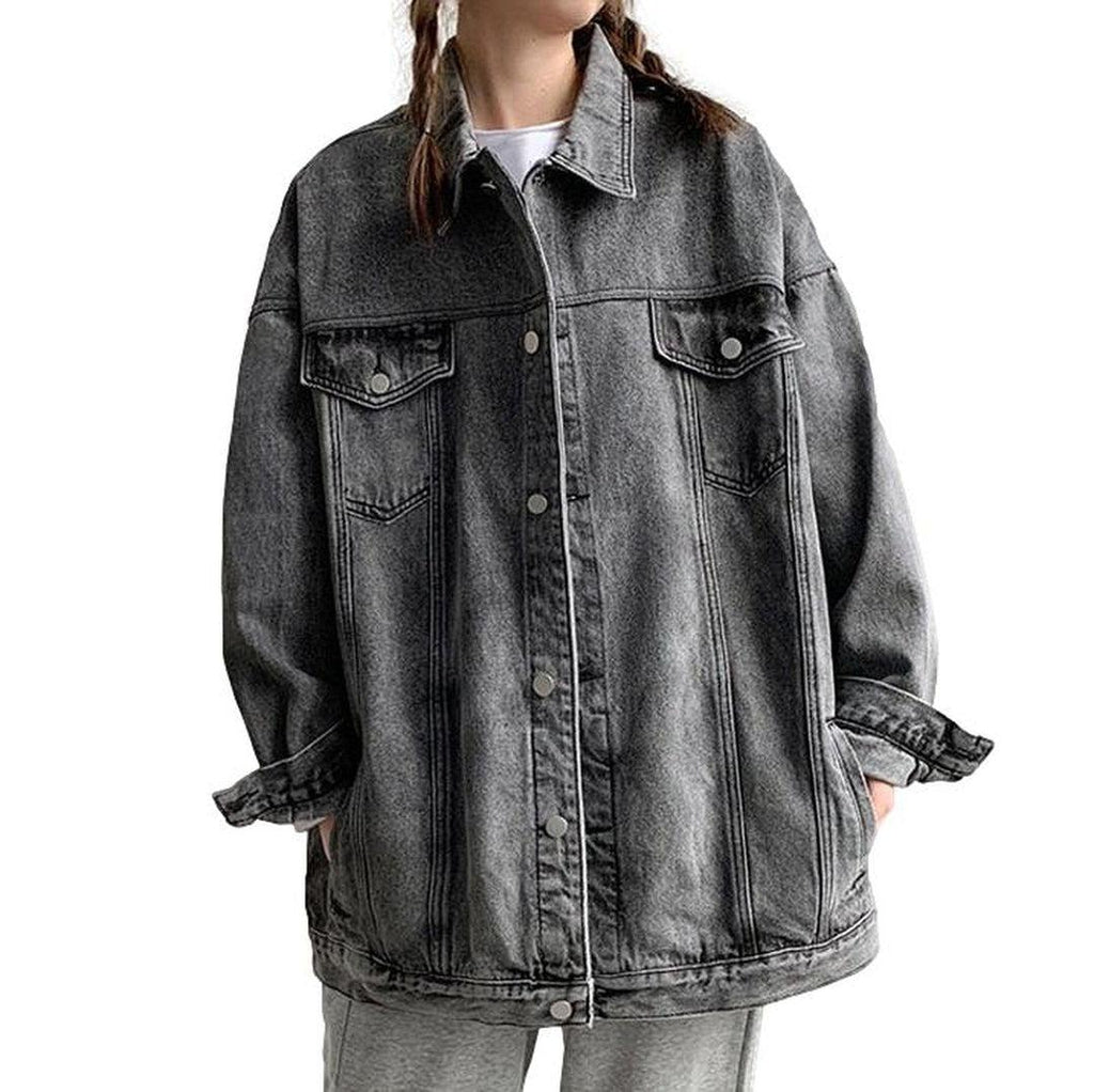 Collared Flap Pocket Button Front Oversized Denim Jacket