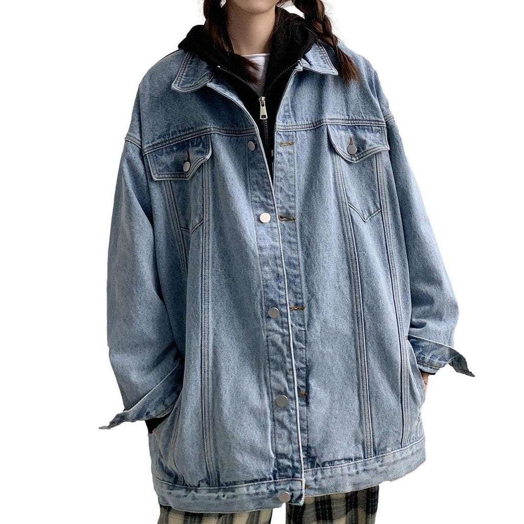 Collared Flap Pocket Button Front Oversized Denim Jacket