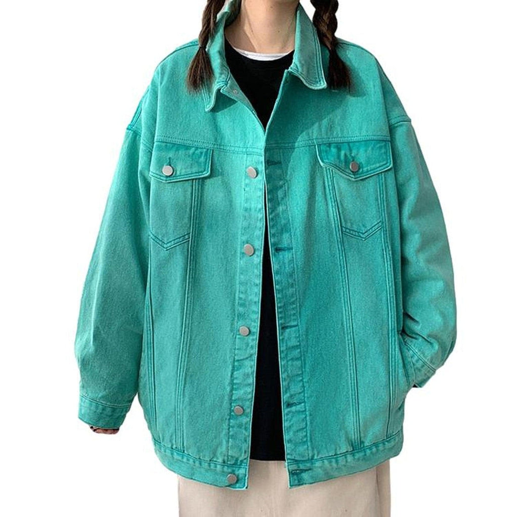 Collared Flap Pocket Button Front Oversized Denim Jacket