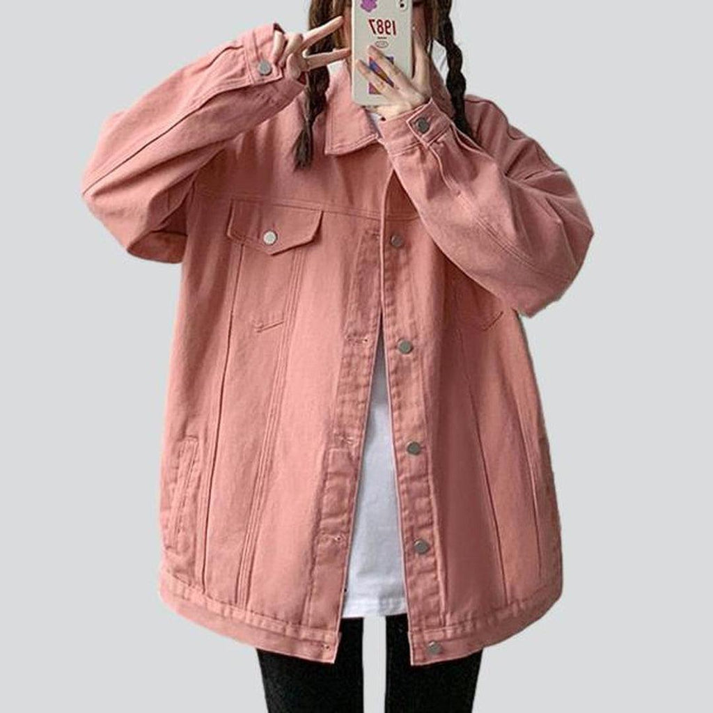 Collared Flap Pocket Button Front Oversized Denim Jacket