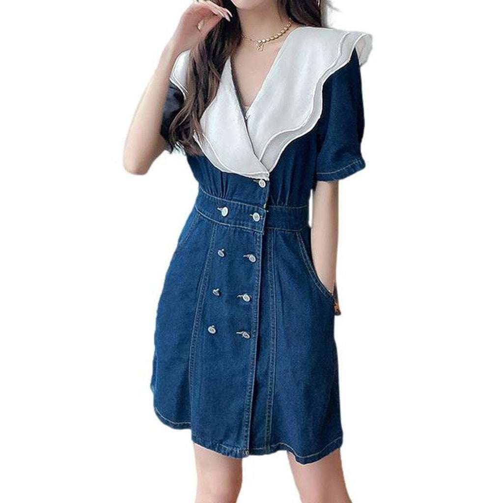 Blue Sailor Collar Double Breasted Puff Sleeve Denim Mini Dress