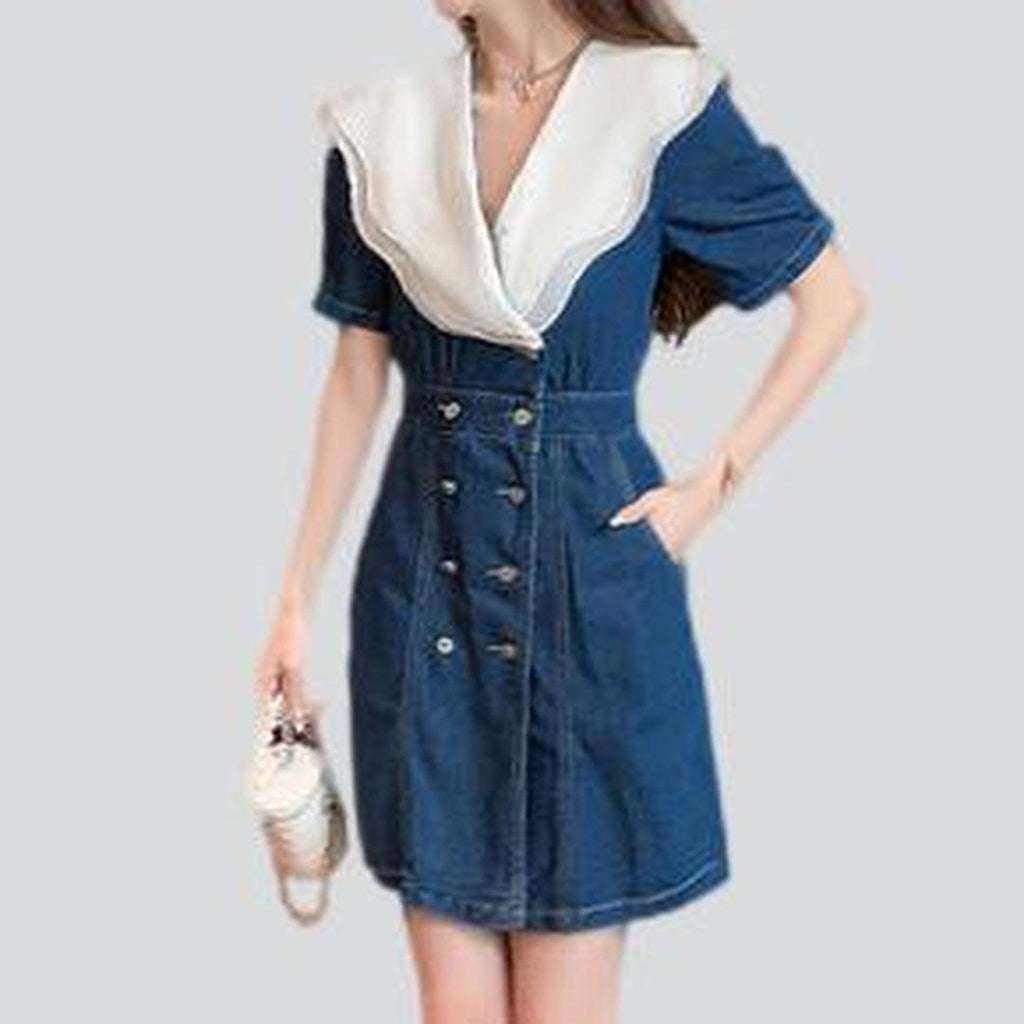 Blue Sailor Collar Double Breasted Puff Sleeve Denim Mini Dress